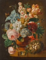PAUL THEODOR VAN BRUSSEL | Still life of roses, an iris, a tulip and other flowers in an urn, on a stone ledge with a butterfly and a bird's nest