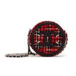 Red, White, and Black Tweed and Lambskin Filigree Round Clutch with Chain Silver Hardware, 2020