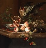 Still life of wild strawberries, peaches, figs, and other fruit on a ledge with a grey parrot
