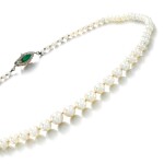 Natural pearl, emerald and diamond necklace, early 20th century