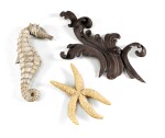 Lot including a wrought iron foliage, a starfish, and a carved wood sea horse