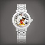 Fantasy Retro Mickey Mouse, Reference G. 3632.7 | A white gold jumping hours wristwatch with retrograde minutes, mother-of-pearl dial and bracelet, Circa 2004 | Gérald Genta | Fantasy Retro Mickey Mouse 型號G. 3632.7 | 白金跳時鏈帶腕錶，備逆跳分鐘及珠母貝錶盤，約2004年製