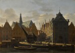 Haarlem, a view from the Spaarne river looking towards the cathedral of St Bavo, with the Damstraat and the Waag