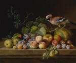 Jakob Bogdány | A STILL LIFE OF MELONS, APPLES, PEACHES, PLUMS, FIGS, GRAPES, AND VINES ON A STONE LEDGE WITH A JAY AND PARROT