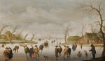 Winter landscape with elegant figures playing kolf and skating on a frozen river
