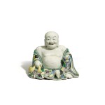 A famille-verte biscuit figure of Budai Qing dynasty, Kangxi period | 清康熙 素三彩布袋和尚坐像