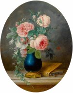 ANNE VALLAYER-COSTER | A STILL LIFE OF ROSES AND OTHER FLOWERS IN A BLUE VASE WITH A BOOK