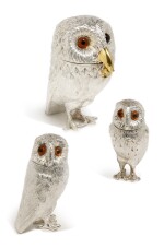 An English Silver Owl-Form Condiment Set, William Comyns, London, 1961