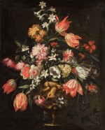 Still life with flowers in a sculpted vase decorated with a putto and wolf
