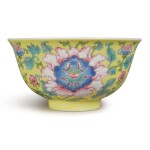  A YELLOW-GROUND FAMILLE-ROSE 'PEONY' BOWL,  DAOGUANG SEAL MARK AND PERIOD