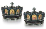 A Very Rare pair of Russian jewelled silver and enamel wedding crowns, Ivan Dmitrovich Chichelev, Moscow, 1881