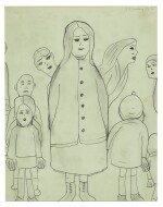 LAURENCE STEPHEN LOWRY, R.A. | MOTHER WITH CHILDREN FACING FRONT AND BACK