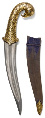 A GOLD-OVERLAID IRON PARROT'S HEAD-HILTED DAGGER AND SCABBARD, INDIA, 19TH CENTURY