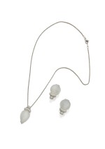 CAT'S-EYE MOONSTONE AND DIAMOND PENDANT-NECKLACE AND PAIR OF EARCLIPS, HENRY DUNAY