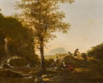 Landscape with travelers on a road near a waterfall