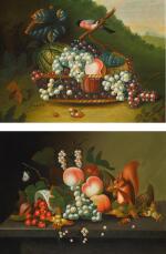 MANNER OF WILLIAM JONES OF BATH | STILL LIFE WITH MIXED FRUIT IN A BASKET AND A BULLFINCH; AND STILL LIFE WITH MIXED FRUIT AND A RED SQUIRREL ON A STONE LEDGE
