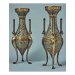 A PAIR OF MONUMENTAL FRENCH NAPOLEON III GILT BRONZE AND CHAMPLEVE ENAMEL VASES BY FERDINAND BARBEDIENNE, AFTER A DESIGN BY LOUIS-CONSTANT SEVIN, THIRD QUARTER 19TH CENTURY