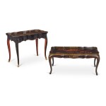 Two Chinese Export Black and Gold Lacquer Trays, Now Mounted as Tables, 19th Century, the Low Table Base 20th Century