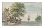 HENDRIK SPILMAN | RIVER LANDSCAPE WITH TWO FIGURES FISHING FROM A BOAT BY COTTAGES TO THE LEFT