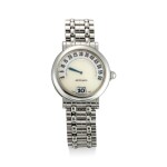 GERALD GENTA | RETRO, REFERENCE G.3634 A STAINLESS STEEL JUMPING HOUR WRISTWATCH WITH RETROGRADE MINUTE, MOTHER-OF-PEARL DIAL AND BRACELET, CIRCA 1995