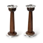 A Large Pair of American Arts & Crafts Silver-Mounted Wood Candlesticks, First Half 20th Century