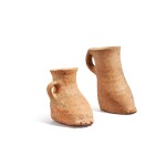 Two red pottery boot-form cups, Majiayao culture, Machang phase to Qijia culture, late 3rd to early 2nd millennium B.C. 馬家窰文化 馬廠類型至齊家文化 紅陶靴形壺一對
