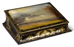 A VICTORIAN BLACK LACQUERED AND GILT-HEIGHTENED PAPIER-MÂCHÉ 'CHATSWORTH' WRITING BOX BY JENNENS & BETTERIDGE, CIRCA 1840