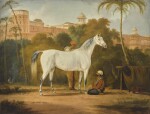 ATTRIBUTED TO GEORGE HENRY LAPORTE | A grey Arabian mare held by two grooms outside a north Indian fort, possibly the Red Fort, Delhi