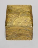 A FINE GOLD LACQUER TEBAKO [ACCESSORY BOX] DECORATED WITH OVERLAPPING FANS, SIGNED JOKASAI, MEIJI PERIOD, LATE 19TH CENTURY