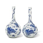 A Large Pair of Chinese Blue and White 'Phoenix and Qilin' Bottle Vases, Qing Dynasty, Kangxi Period