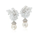 Pair of natural pearl and diamond ear clips, 1960s
