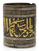 A MAMLUK GOLD AND SILVER-INLAID BRASS INKWELL, EGYPT OR SYRIA, FIRST HALF 14TH CENTURY