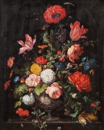 AFTER ABRAHAM MIGNON | STILL LIFE WITH CARNATIONS, TULIPS AND OTHER FLOWERS IN A SCULPTED VASE, WITH CORNCOBS AND INSECTS AND BUTTERFLIES, ALL IN A STONE NICHE