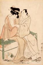 Kitagawa Utamaro (1754-1806) | An amorous couple on a bamboo bench | Edo period, 19th century 