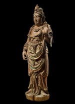 A magnificent and extremely rare large painted wood standing figure of bodhisattva, Jin dynasty | 金 彩繪木雕菩薩立像