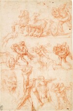 POLIDORO CALDARA, CALLED POLIDORO DA CARAVAGGIO | RECTO: SHEET OF STUDIES WITH THE RAPE OF PROSERPINA, A HEAD STUDY AND TWO SKETCHES FOR TWO FIGURES OF AN EXECUTIONER AND HIS LEFT LEG  VERSO: AN ALLEGORICAL FEMALE FIGURE FLANKED BY TWO OTHER WINGED FIGURES 