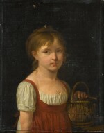 Portrait of a girl, half-length, holding a basket with grapes and other fruit
