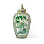 A Large Chinese Green-Ground Famille-Verte 'Animals' Jar and Cover, Qing Dynasty, Kangxi Period (1662-1722)