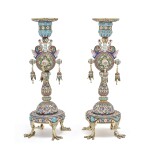 A Pair of Silver-Gilt and Shaded Enamel Candlesticks, late 20th century