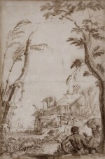 An exotic landscape, with two figures in conversation under a tree, an armadillo nearby
