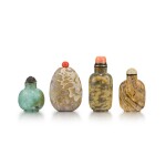 A turquoise matrix snuff bottle and three limestone snuff bottles Qing dynasty 19th century | 清十九世紀 綠松石岩鼻煙壺及石灰石鼻烟壺一組四件