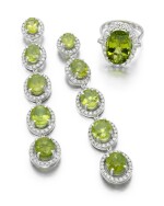 PAIR OF PERIDOT AND DIAMOND EARRINGS AND A RING