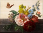 Still life of roses, peonies, gentians and other flowers with a butterfly, all upon a marble ledge