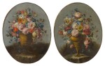 A pair of still lifes of roses, anemones, and other flowers in bronze urns, resting on stone ledges