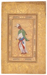 A youth in a white robe holding a wine flask and cup, Persia, Isfahan, Safavid, circa 1600-10, on a double-sided album leaf with calligraphy on the reverse by the Persian master Malik al-Daylami, Persia, mid-16th century