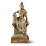 A LARGE STUCCO AND POLYCHROME-PAINTED WOOD SCULPTURE OF GUANYIN