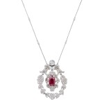 Ruby, Seed Pearl and Diamond Pendant-Necklace