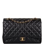 Chanel Quilted Maxi Classic Double Flap Bag of Black Caviar Leather with Gold Hardware