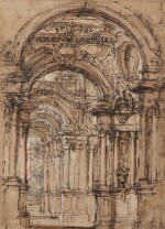 An architectural fantasy: an elaborate vaulted interior of a church leading to an altar