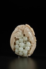 A pale celadon and russet jade 'squirrel and grapes' group, Qing dynasty, 19th century | 清十九世紀 青白玉糖色松鼠葡萄把件